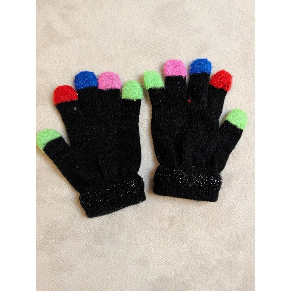 Vintage‎ Neon Beanie Hat & Gloves Set Black Stripe 90s Winter Kids